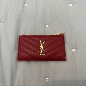 YSL Cassandra Matelassé Zipped Card Case in Opyum Red